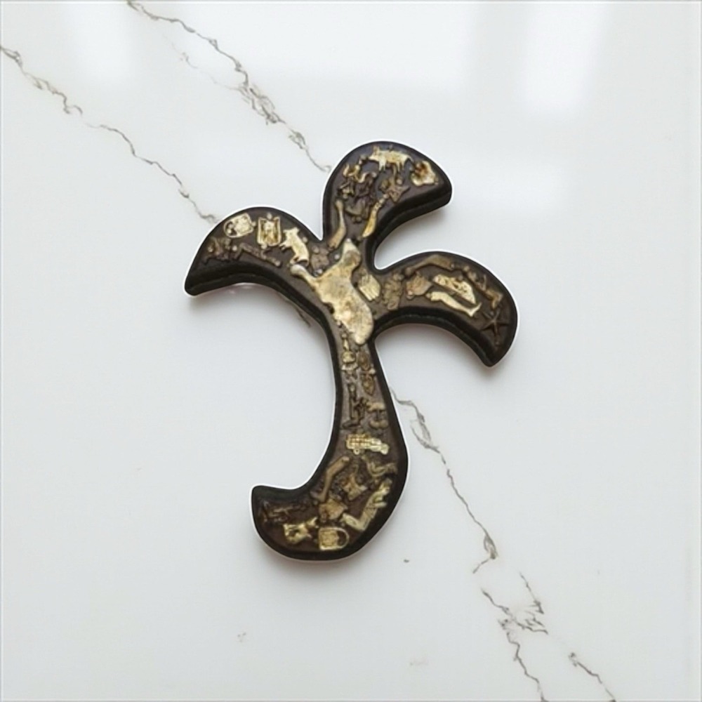 Mexican Folk Art Wall Hanging Milagros Brown Wood Cross Gold Prayer Charms 9.5"
